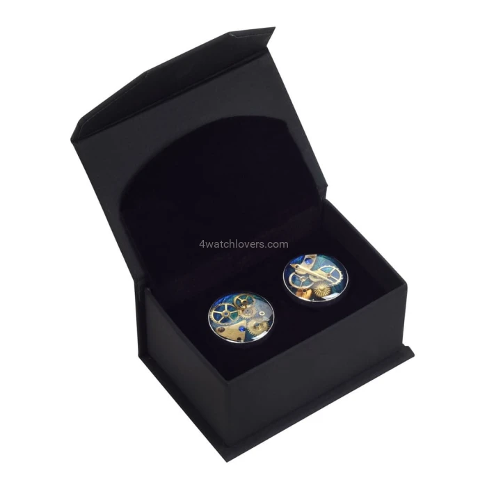 Silver round cufflinks with a composition of watch parts on a navy blue and turquoise background watches handmade original elegant exceptional unique luxury exclusive jewelry 1.JPG
