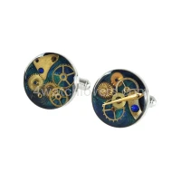 Silver round cufflinks with a composition of watch parts on a navy blue and turquoise background watches handmade original elegant exceptional unique luxury exclusive jewelry 2.jpg