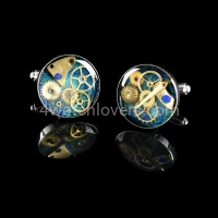 Silver round cufflinks with a composition of watch parts on a navy blue and turquoise background watches handmade original elegant exceptional unique luxury exclusive jewelry 3.JPG