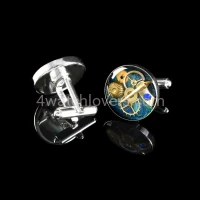Silver round cufflinks with a composition of watch parts on a navy blue and turquoise background watches handmade original elegant exceptional unique luxury exclusive jewelry 4.JPG