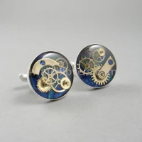 Silver round cufflinks with a composition of watch parts on a navy blue and turquoise background watches handmade original elegant exceptional unique luxury exclusive jewelry 6.JPG