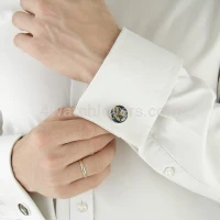 Silver round cufflinks with a composition of watch parts on a navy blue and turquoise background watches handmade original elegant exceptional unique luxury exclusive jewelry 5.JPG