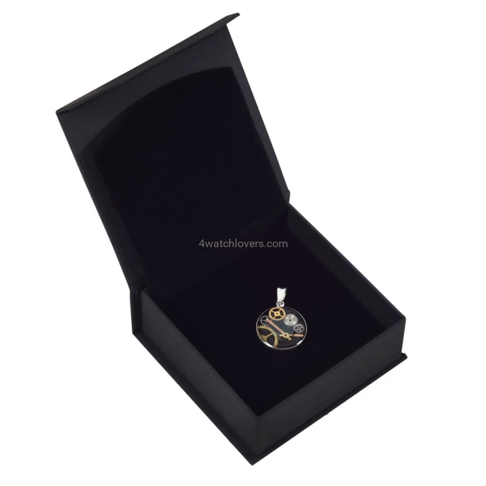 Silver round pendant with a composition of watch parts on a black background watches handmade art original elegant exceptional unique luxury exclusive jewelry 0.JPG